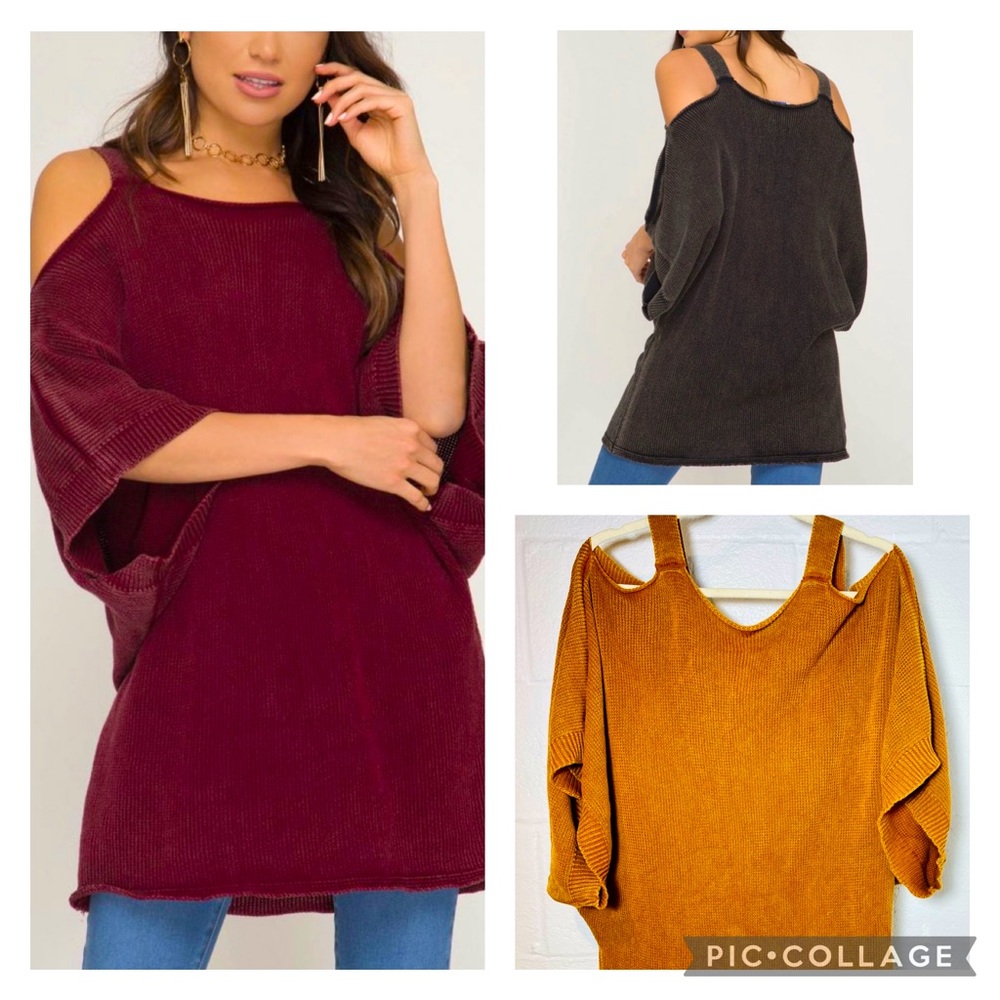 She+Sky Orange/Brown Open Shoulder Sweater Size Small